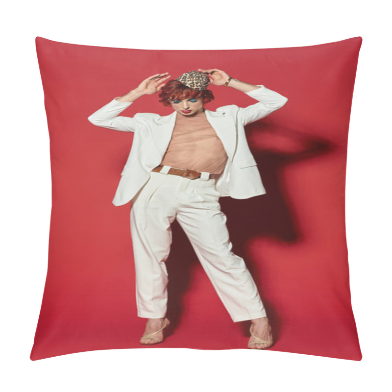 Personality  This Young Man Confidently Poses In A White Suit And Striking Makeup, Exuding Unique Style. Pillow Covers