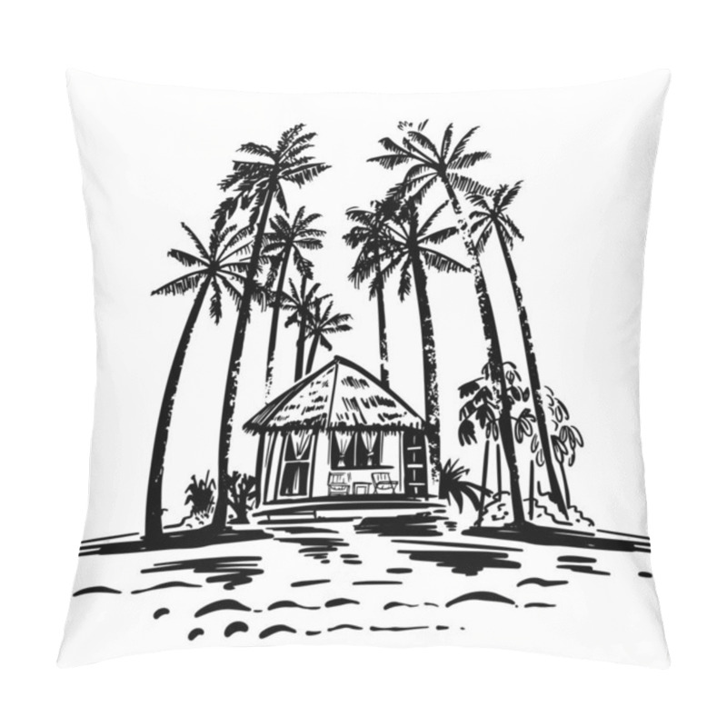 Personality  Bungalow By The Sea With Palms And Tropical Plants. Beach Next To The House. Vacation, Tourism In Exotic Countries. Handmade, Vector Illustration. Pillow Covers