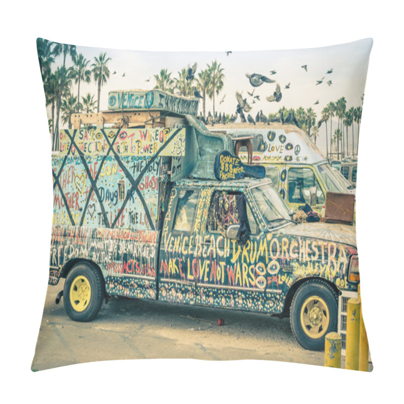 Personality  VENICE, UNITED STATES - DECEMBER 18, 2013: Hippie Artistic Minivan On The Ocean Front Walk In Venice Beach. The Image Has Been Edited With A Vintage Retro Nostalgic Filtered Look. Pillow Covers