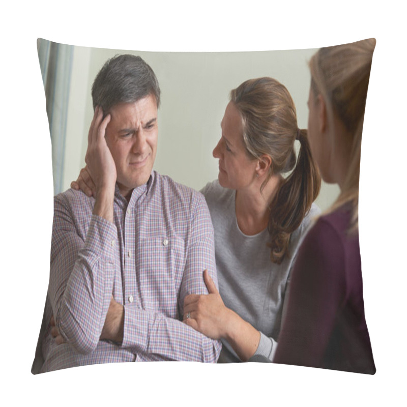 Personality  Mature Couple Talking With Counsellor As Woman Comforts Man Pillow Covers