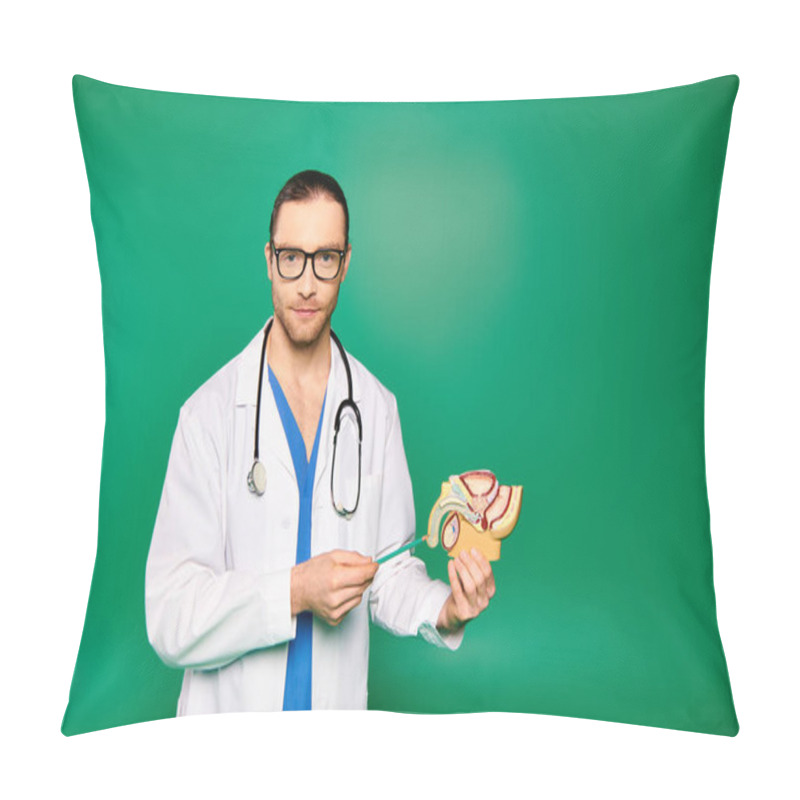 Personality  Male Doctor In White Robe Holding Model Of Human Body. Pillow Covers