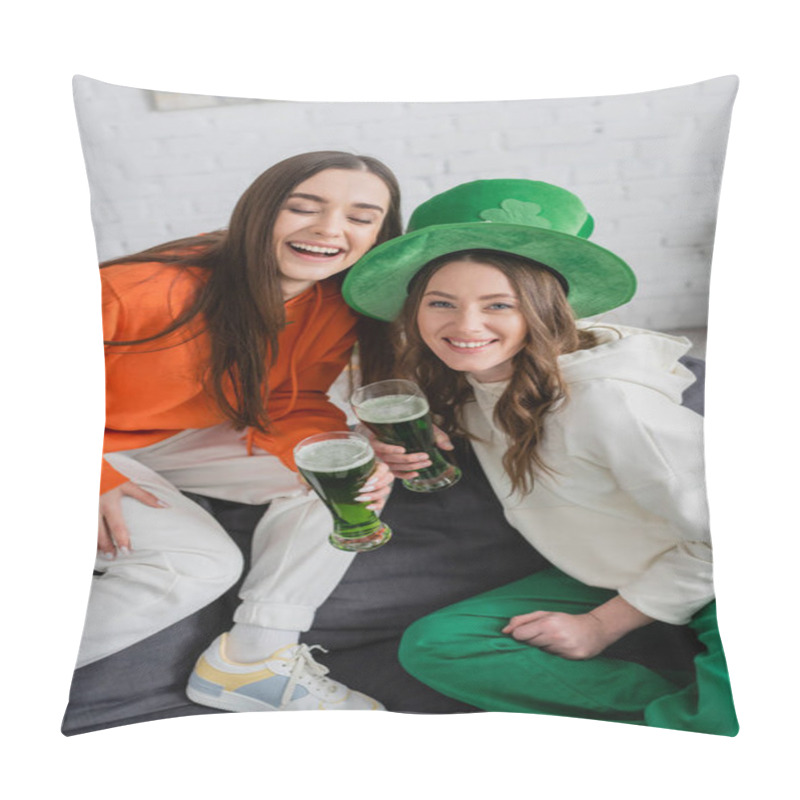 Personality  Positive Young Women Holding Green Beer During Saint Patrick Celebration At Home  Pillow Covers