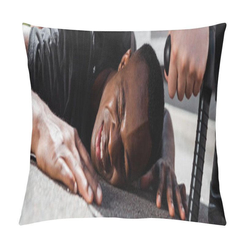 Personality  Horizontal Image Of Detained And Injured African American Man Lying On Ground Near Policeman With Truncheon, Racism Concept  Pillow Covers