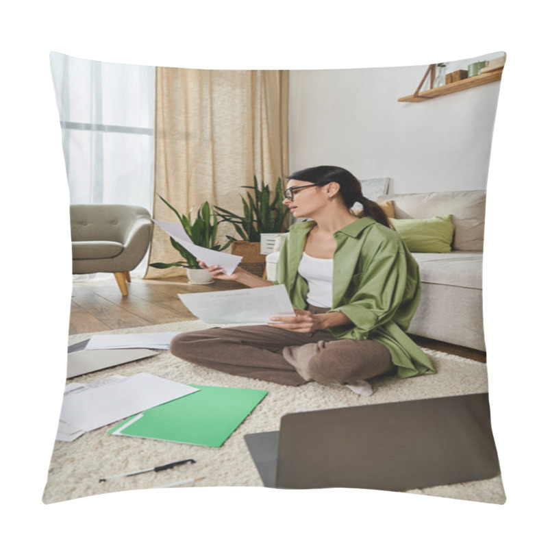 Personality  Woman In Casual Attire Working On Laptop On The Floor. Pillow Covers