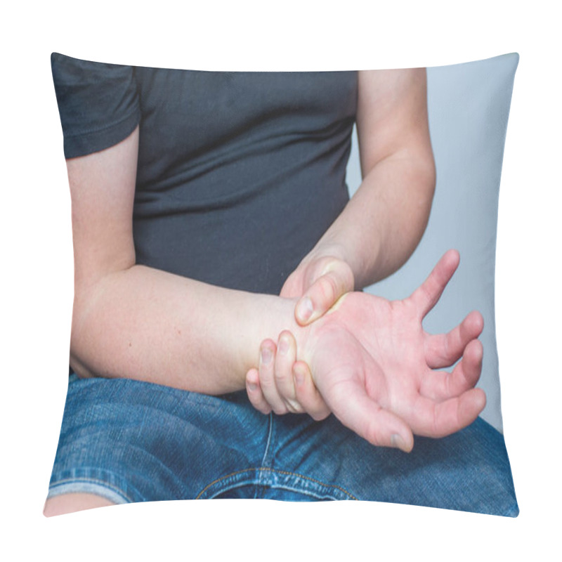 Personality  Pain In Wrist Of Hand Concept Photo. Man Grabbed His Hand By Wrist Of Other Hand Due To Occurrence Of Severe Pain In Area Due To Carpal Tunnel Syndrome, Nerve Block, Skin Numbness And Other Diseases Pillow Covers