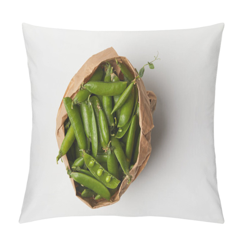 Personality  Top View Of Pea Pods In Paper Bag On White Surface Pillow Covers