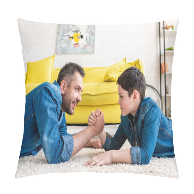 Personality  Father And Son Lying On Carpet And Arm Wrestling At Home In Living Room Pillow Covers