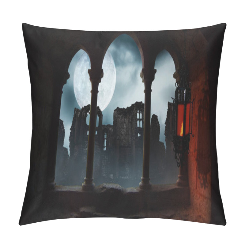 Personality  Swinging Lantern In Old Ruins Full Moon Features A View Out An Arched Window With A Swinging Lantern Out To Ruins With A Full Moon In The Sky Pillow Covers