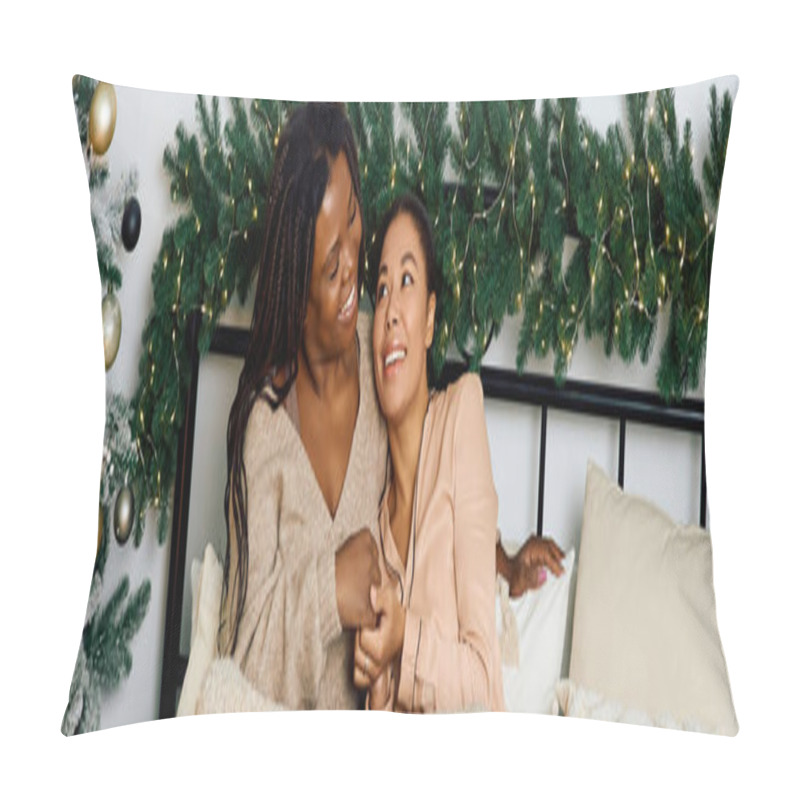 Personality  Two Joyful Women Relax In Bed, Enjoying A Cozy Winter Evening With Festive Decorations. Pillow Covers