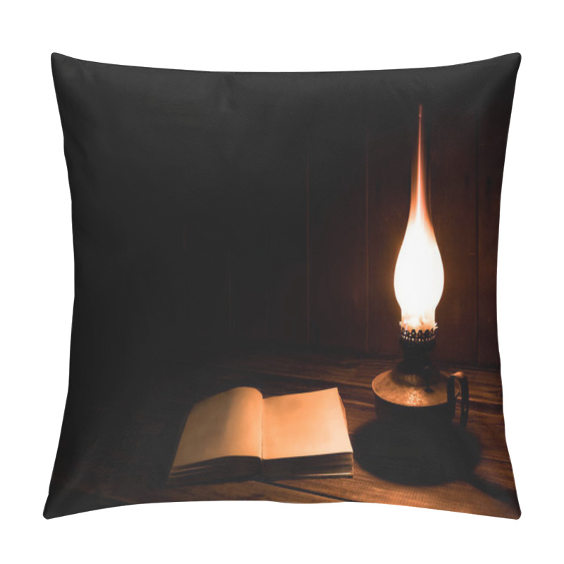 Personality  Old Antique Books With Burning Paraffin Lamp Near On The Wooden Table. Blank Page Pillow Covers