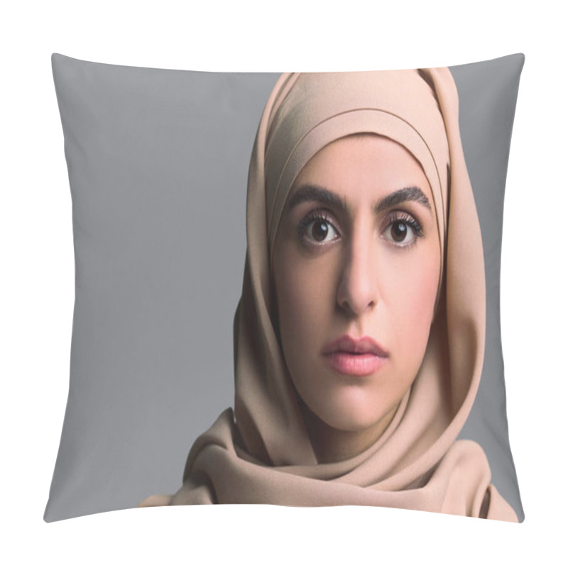 Personality  Arabian Woman. Headshot Of A Young Woman In Beige Hijab Pillow Covers