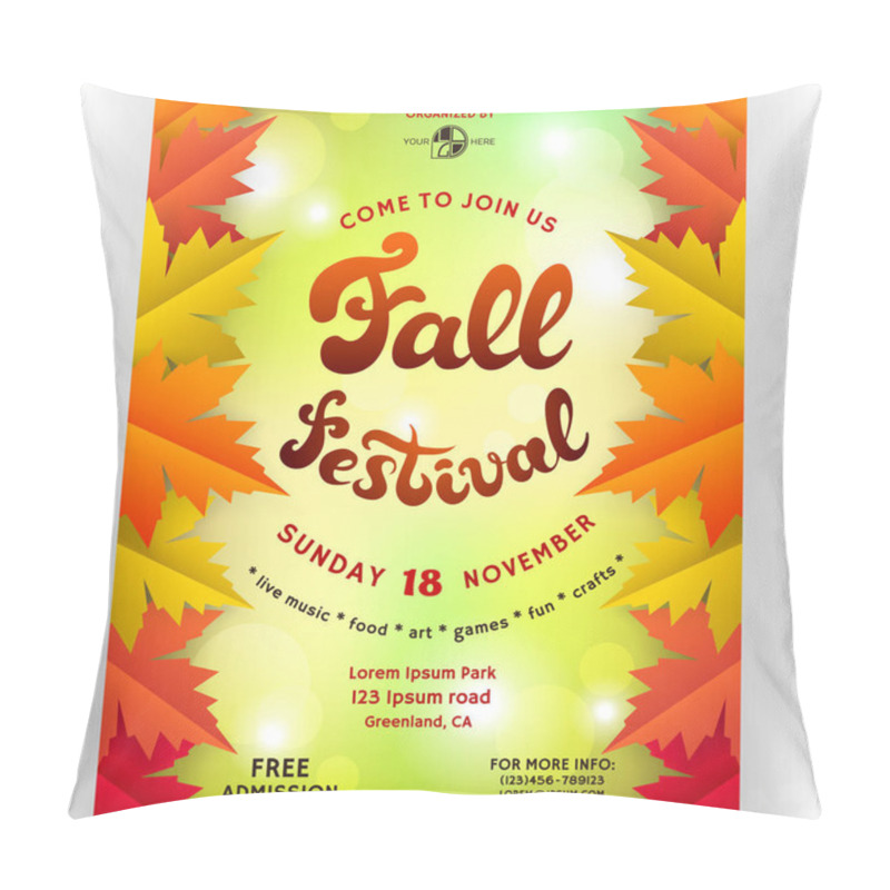 Personality  Fall Festival Poster Design. Template For Invitation. Customized Text And Abstract Maple Leaves. Bright Colorful Background With Shadows, Bokeh Effect And Shines. Vector Illustration. Pillow Covers