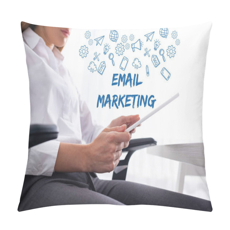 Personality  Low Angle View Of Businesswoman Using Digital Tablet While Sitting At Table, Email Marketing Illustration Pillow Covers