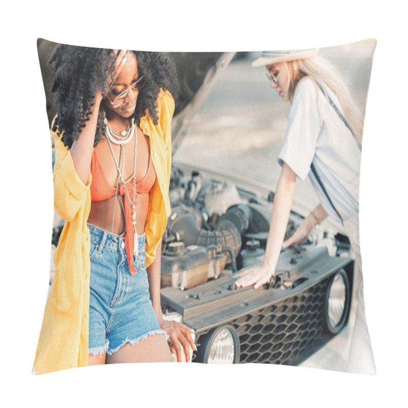 Personality  Multiethnic Women Standing Near Broken Car Pillow Covers