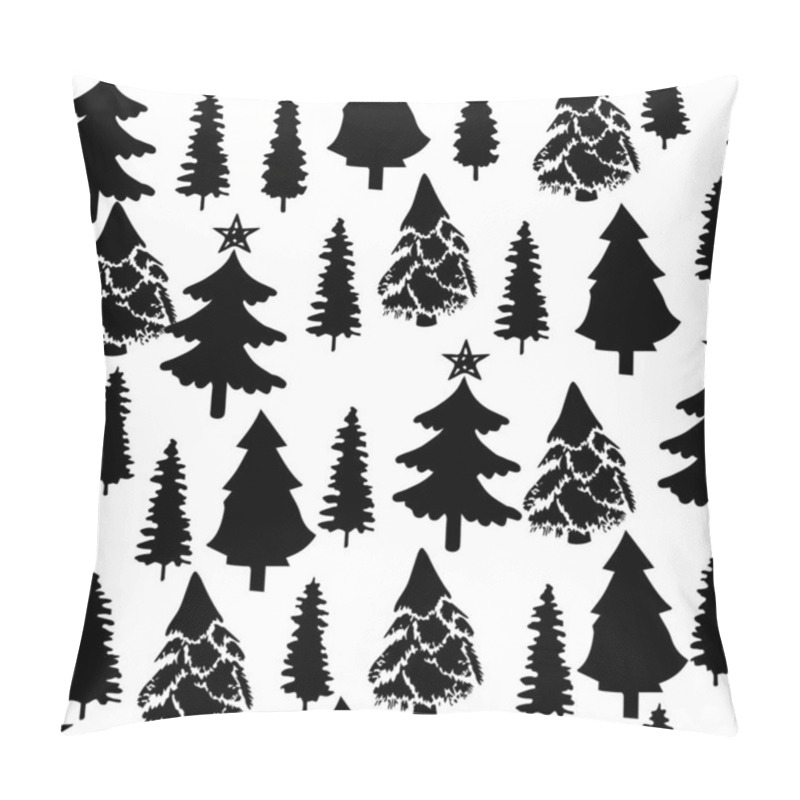 Personality  Black And White Christmas Tree Silhouette Pattern. Festive Pine Tree Silhouettes Seamless Background Pillow Covers