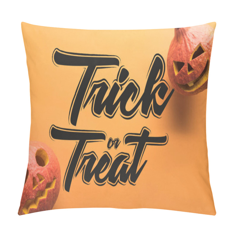 Personality  Top View Of Carved Halloween Pumpkins With Trick Or Treat Illustration Pillow Covers