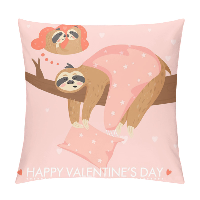 Personality  Valentine's Day Card. Cute Cartoon Sloth Sleeping With Piillow And Blanket On A Branch. Pillow Covers