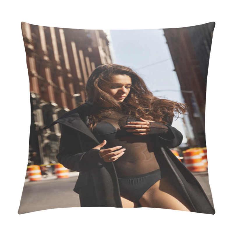 Personality  Silhouetted Against NYC Buildings, A Young Woman Dances In The Street. Pillow Covers