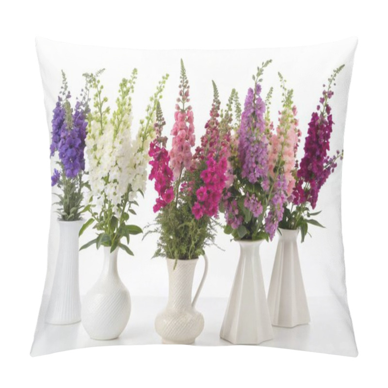 Personality  In A Panoramic View, This Image Features A Collection Of Vibrant And Delicate Angelonia Flowers Arranged In Various Artistic Vases. The Flowers, Known For Their Striking Colors, Are Displayed Against A Pure White Background. The Composition Highlight Pillow Covers