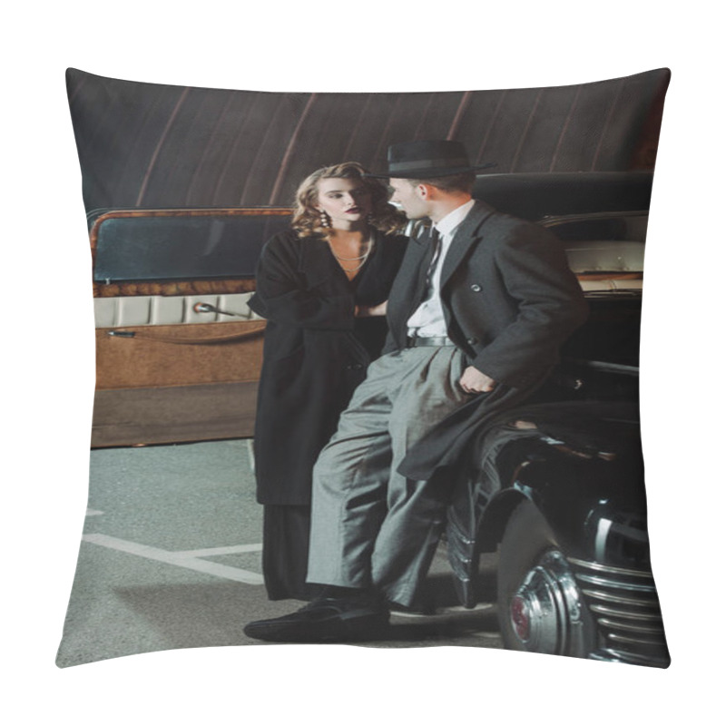 Personality  Handsome Gangster In Hat Looking At Attractive Woman Near Retro Car  Pillow Covers