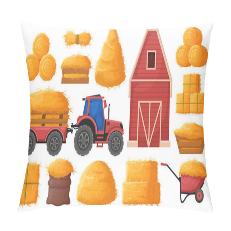 Personality  Farm Hay Making, Hayloft, Straw Barn And Agricultural Tractor. Dried Hay In Wooden Box And Wheelbarrow, Tractor, Farm Haymow Barn Vector Illustration Set. Rural Haycock Pillow Covers