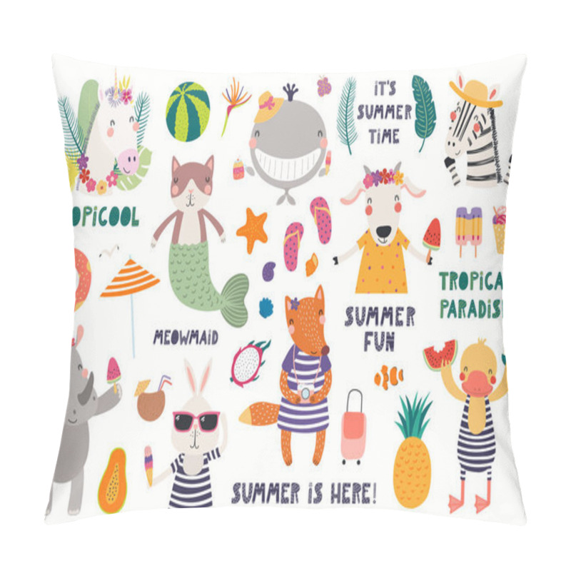 Personality  Big Summer Set With Cute Animals With Quotes And Fruits With Drinks And Pool Floats Isolated On White Background. Scandinavian Style Flat Design. Concept For Summer Textile Print Pillow Covers