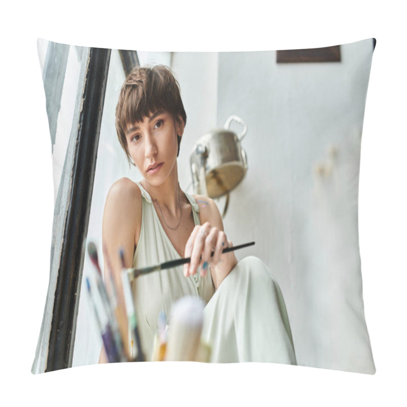 Personality  Appealing Woman Sits On A Window Sill, Holding A Brush. Pillow Covers