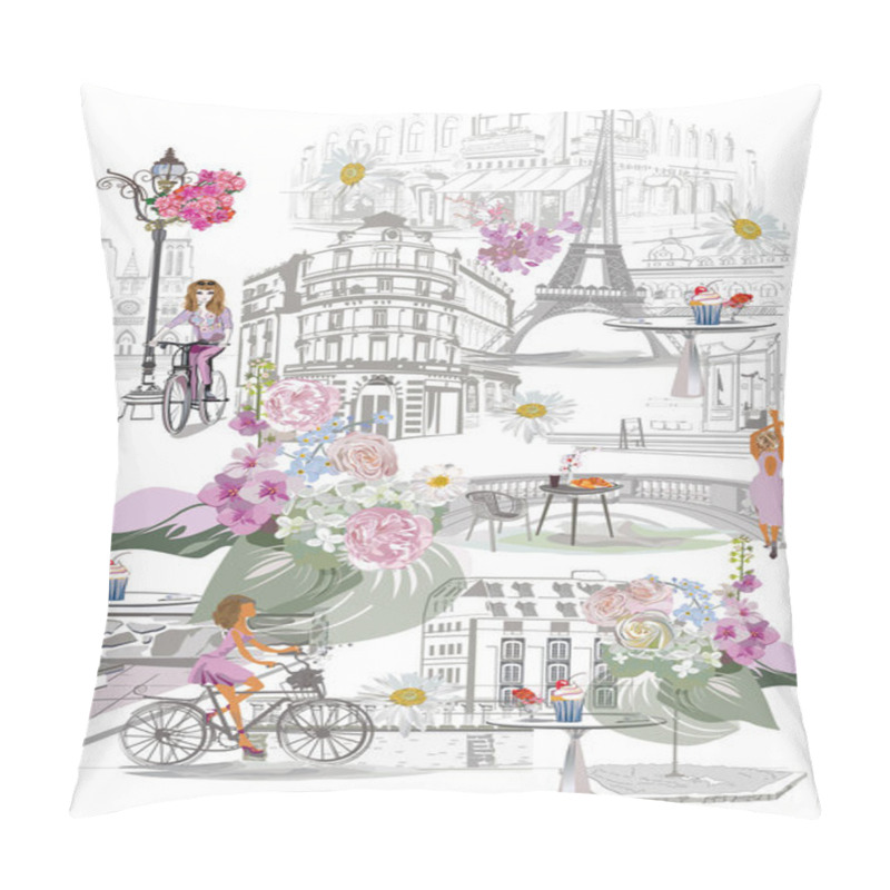 Personality  Set Of Parisian Symbols With The Eiffel Tower, Fashion Girls And  Lettering Bonjour,   Fashion Girls In Hats, Architectural Elements. Hand Drawn Vector Illustration. Pillow Covers