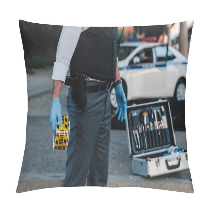 Personality  Cropped Image Of Policeman In Latex Gloves Holding Police Line At Crime Scene  Pillow Covers