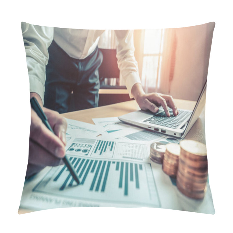 Personality  Businessman Accountant Or Financial Expert Analyze Business Report Graph And Finance Chart At Corporate Office. Concept Of Finance Economy, Banking Business And Stock Market Research. Pillow Covers