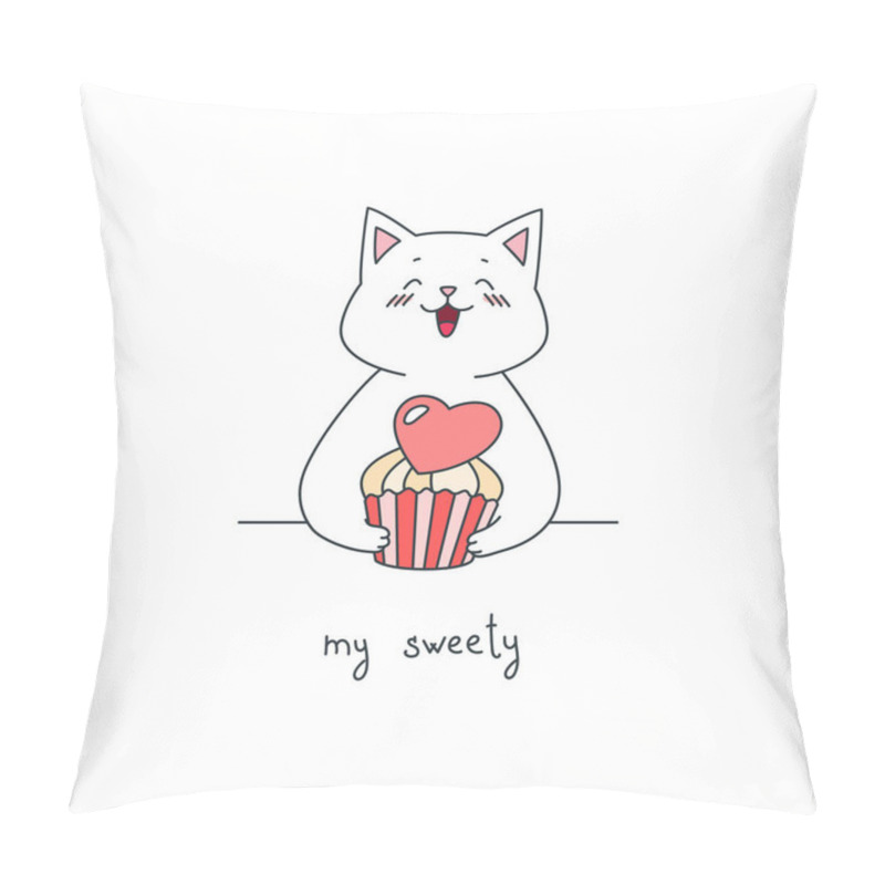 Personality  My Sweety. Illustration Of A Cute Cat Holding A Cupcake Decorated With A Pink Heart In His Paws. St. Valentine's Day Concept. Vector 10 EPS  Pillow Covers