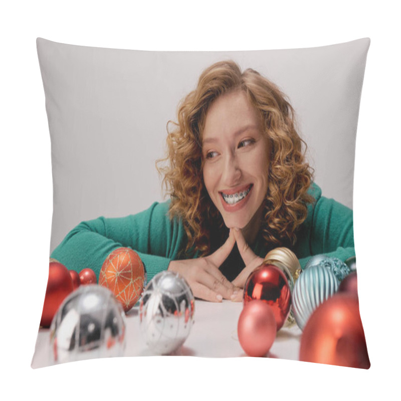 Personality  A Young Woman With Curly Hair Smiles As She Celebrating. Pillow Covers