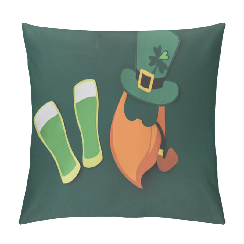 Personality  Top View Of Paper Decoration Of Man With Smoking Pipe For St Patricks Day Isolated On Green Pillow Covers