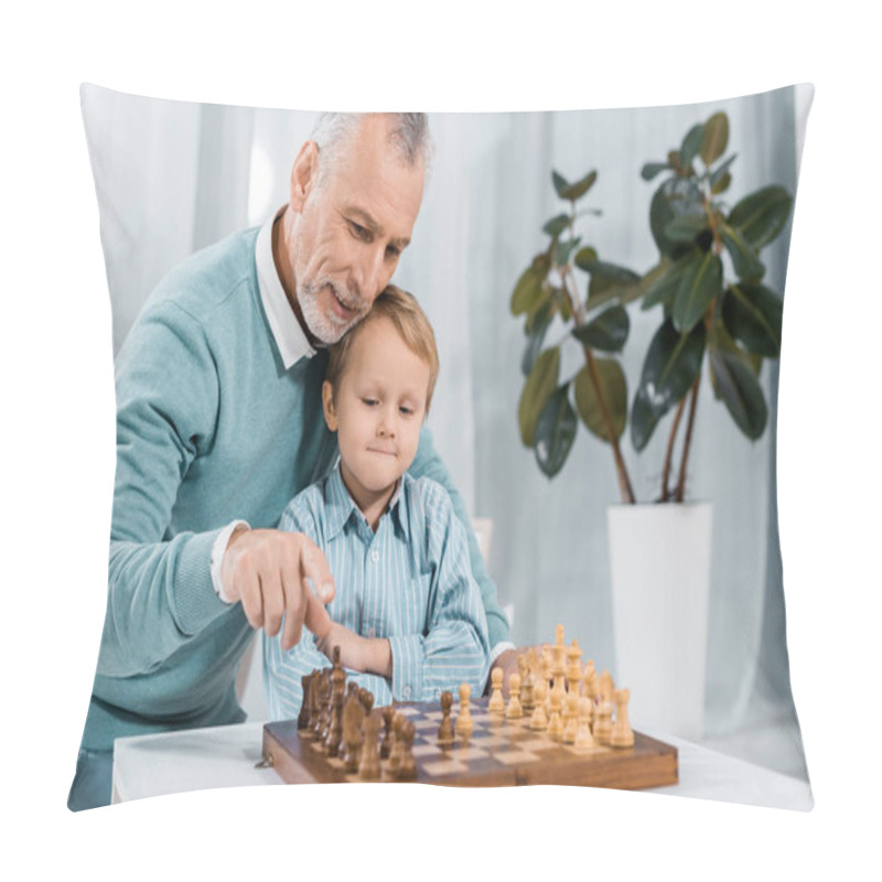 Personality  Cheerful Middle Aged Man Playing Chess With Adorable Grandson At Home Pillow Covers