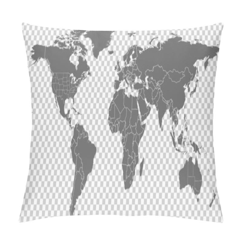 Personality  World Map Vector. Gray Similar World Map Blank Vector On Transparent Background.  Gray Similar World Map With Borders Of All Countries And States Of USA Map, States Of Australia And Countries Of The UK. Quality World  Map.  Pillow Covers