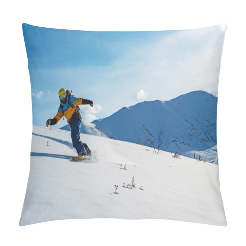 Personality  The Guy Is Riding A Snowboard. In The Mountains In Pristine Snow. Mountains Of Kyrgyzstan Pillow Covers