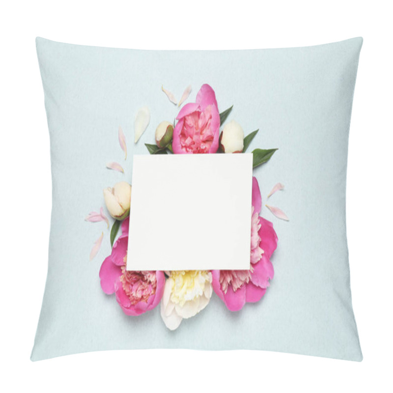 Personality  Beautiful Peonies And Blank Card On Light Blue Background, Flat Lay. Space For Text Pillow Covers