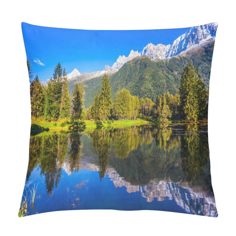 Personality  Concept Of Active And Ecotourism. Fantastic Sunset In The Autumnal Alps. Stunning Reflections Of Snowy Peaks In The Lake Water. Mountain Resort Of Chamonix, The Foot Of Mont Blanc Pillow Covers