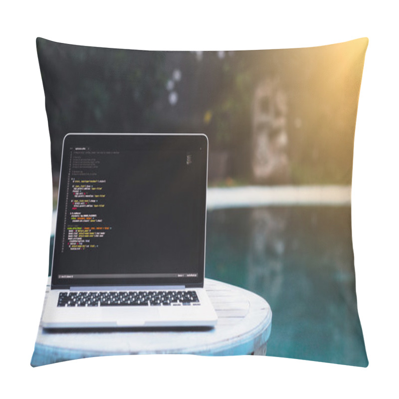 Personality  Laptop On A Wooden Table Against The Background Of Accepted Swimming Pool Pillow Covers