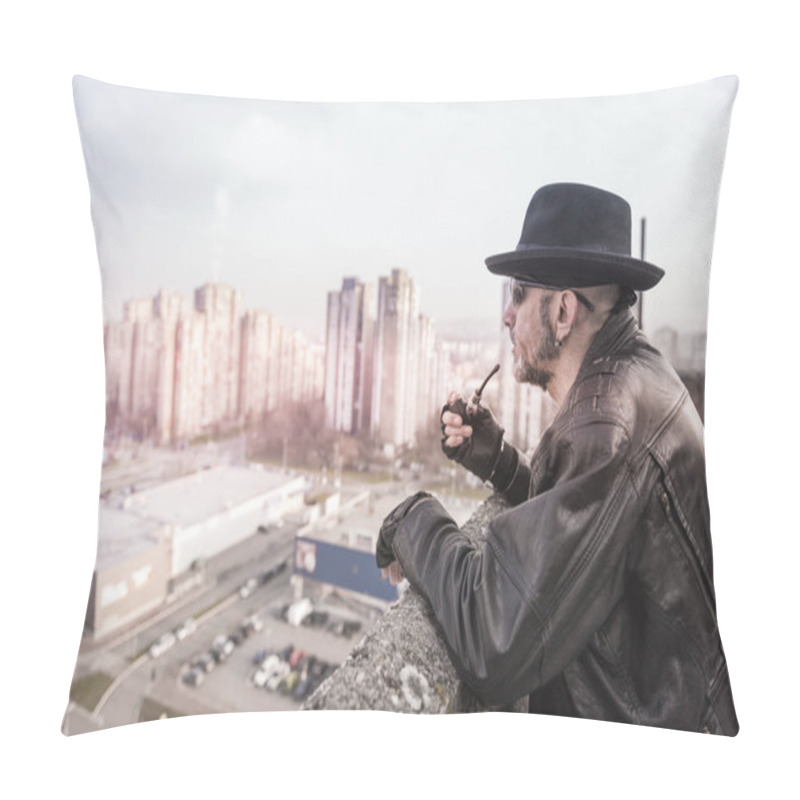 Personality  Man Holding Smoking Pipe And Looking At Cityscape From The Roof,selective Focus  Pillow Covers