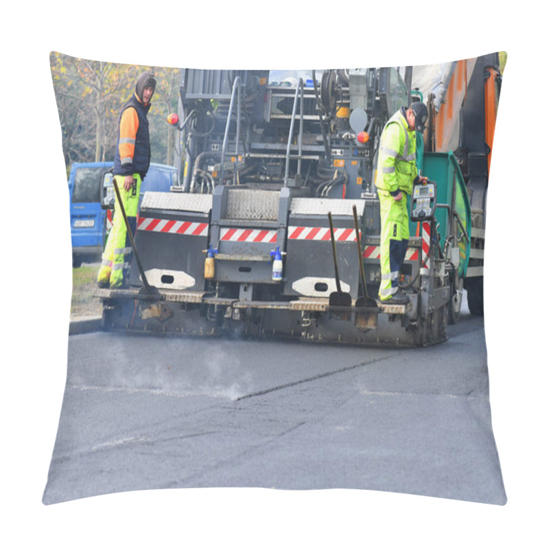 Personality  PRAGUE, CZECH REPUBLIC - October 30, 2019: Laying asphalt on the roadway when repairing the road. pillow covers