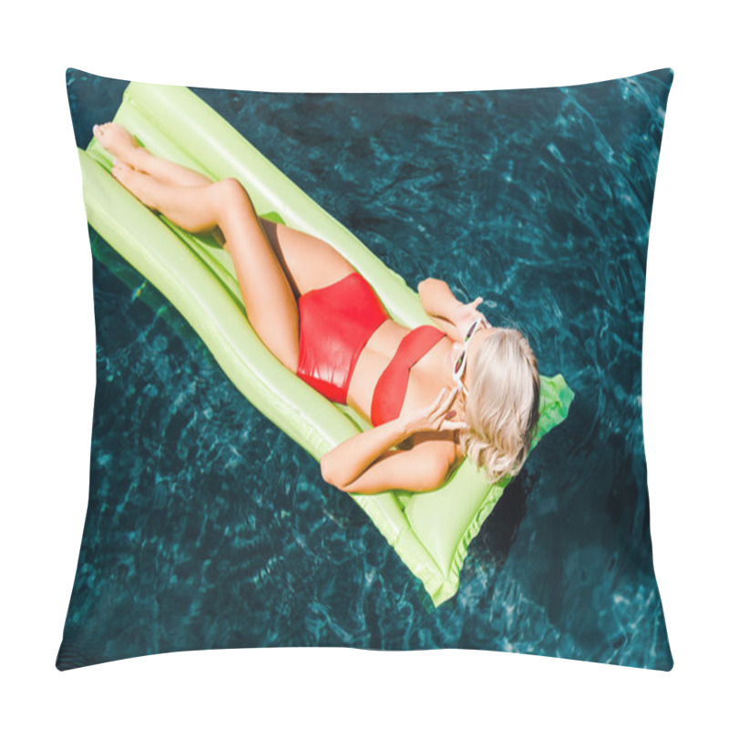 Personality  Top View Of Young Pin Up Woman In Swimsuit Relaxing On Green Inflatable Mattress In Swimming Pool  Pillow Covers