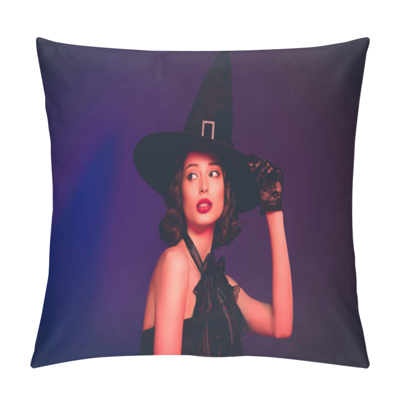 Personality  Photo Of Tempting Evil Mystic Lady Wear Black Dress Hands Arms Headwear Look Back Space Isolated Dark Color Background Pillow Covers