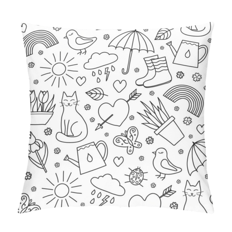 Personality  Black And White Seamless Pattern With Doodle Outline Spring Seasonal Items. Pillow Covers