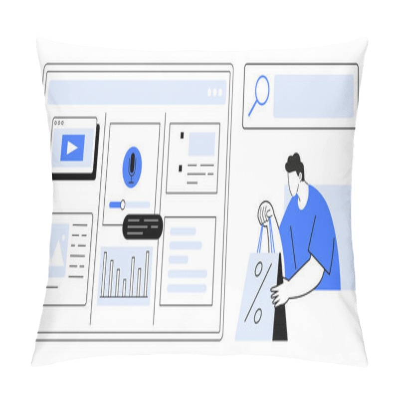 Personality  Computer Screen Displaying Video, Graphs, Search Bar, And Shopping Interface With A Person Carrying Bags. Ideal For E-commerce, Online Shopping, Analytics, Marketing, Business User Interaction Pillow Covers