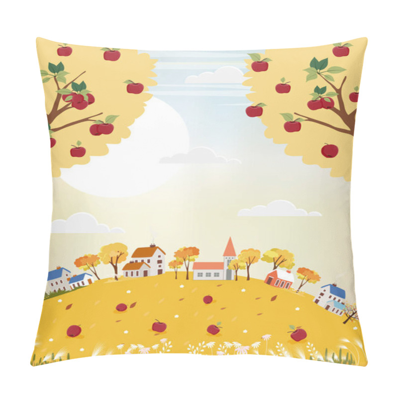 Personality  Vector Landscapes Of Countryside In Autumn,Panoramic Of Cute Cartoon Village In Mid Autumn With Field, Mountains, Wild Flower And Apples Trees In Yellow Foliage. Fall Season Background Pillow Covers