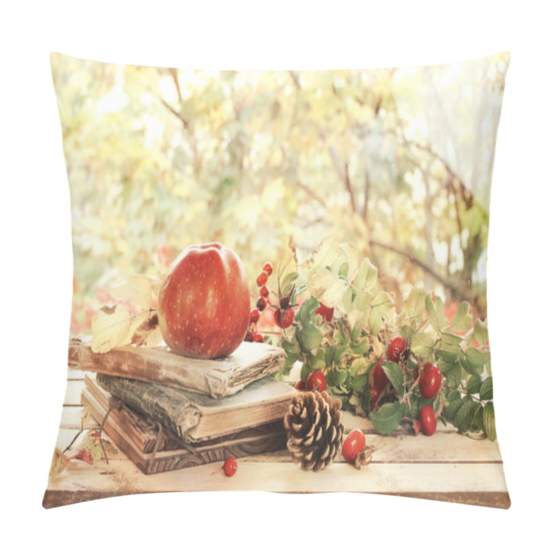 Personality  Old Books, Leaves And Apple In Autumn Scenery Pillow Covers