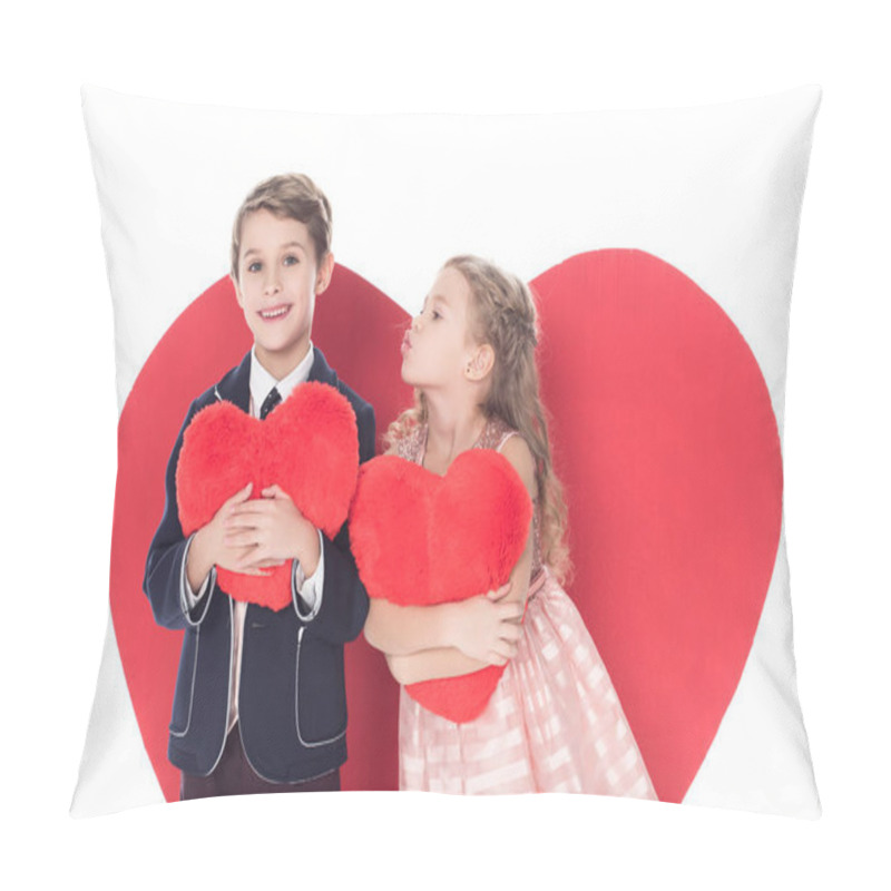 Personality  Cute Little Kids Holding Heart Shaped Pillows And Able To Kiss Isolated On White  Pillow Covers