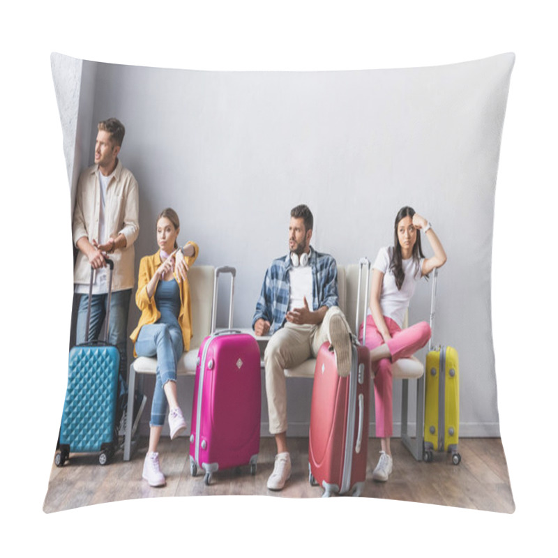 Personality  Stressed Multicultural People Looking Away Near Suitcases In Hall Of Airport  Pillow Covers