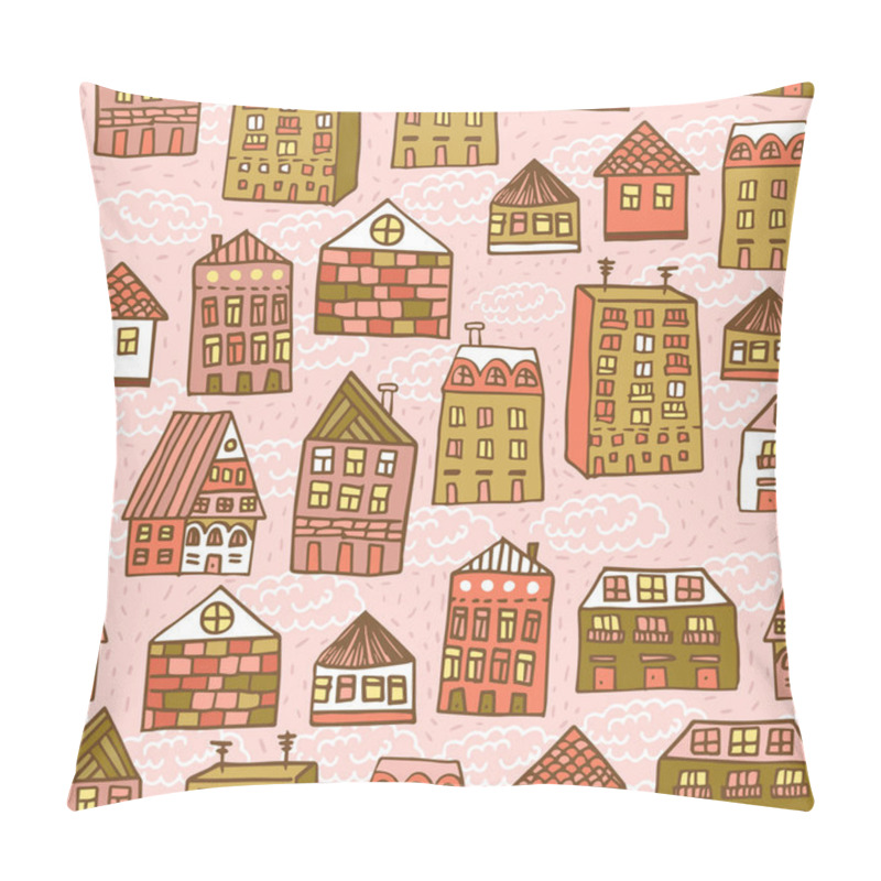 Personality  Cute Lovely Houses On Gentle Pink Background. Hand Drawn Fairytale Doodle Homes Backdrop. Pink And Green Soft Palette. Childish Kids Style Drawing. For Kids Textile, Notebooks. Pillow Covers